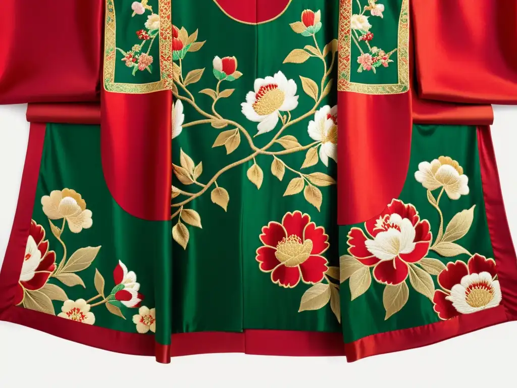 Un kimono vintage bordado con patrones florales en tonos vibrantes de rojo, dorado y verde