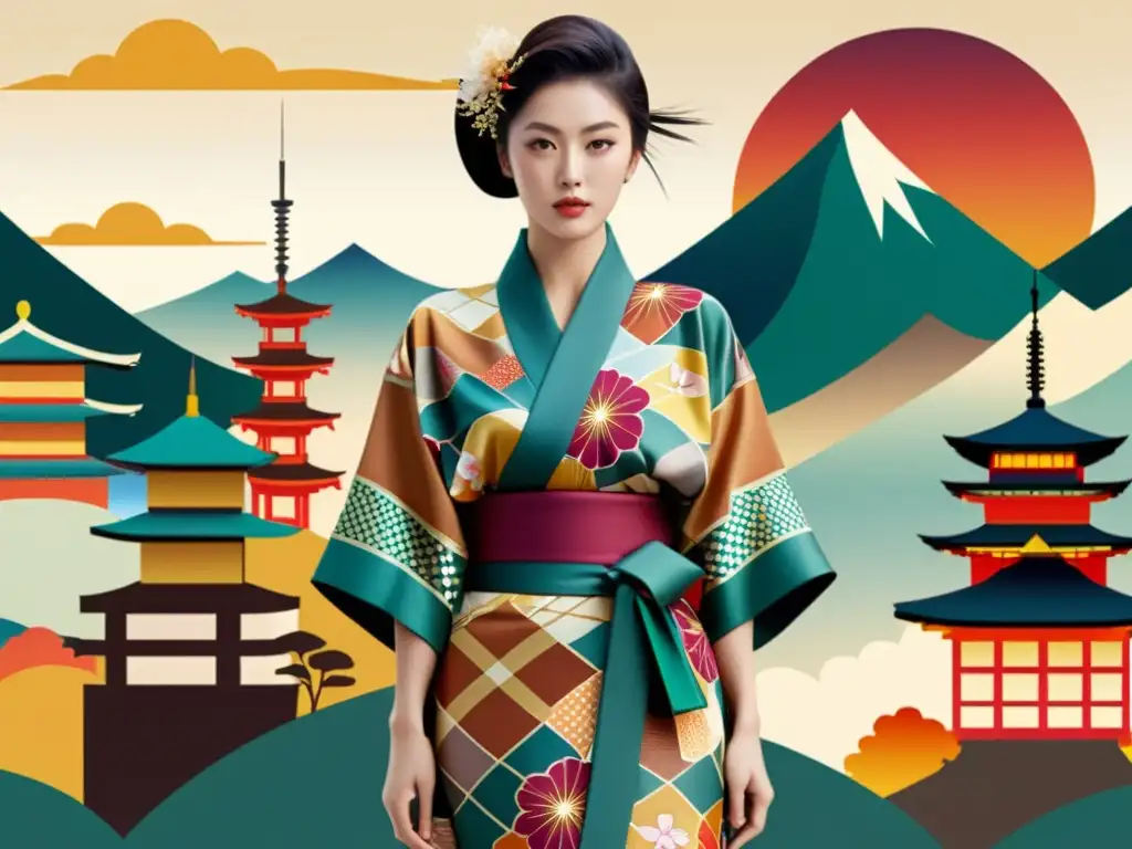 Un kimono vintage con patrones artísticos culturas mundo realidad aumentada, en una ciudad japonesa vibrante