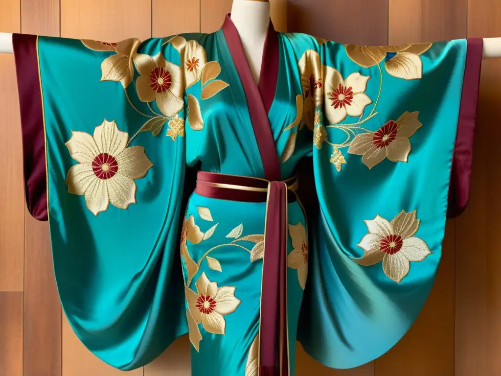 Un kimono vintage de seda con intrincados patrones artísticos en telas de alta gama, en tonos de oro, burdeos y verde