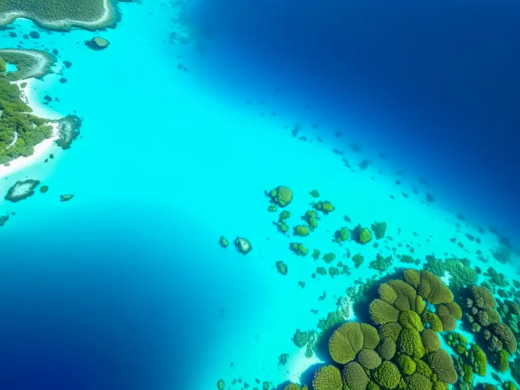 Un laberinto de coloridos patrones en arrecifes de coral, bajo el agua azul, repleto de vida marina