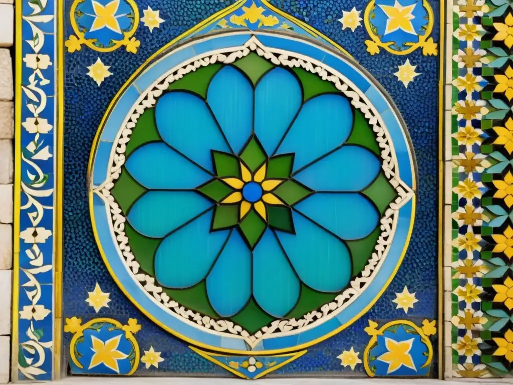 El legado artístico de los mosaicos de la Gran Mezquita de Damasco cobra vida en un intrincado diseño de patrones y motivos florales en azules, verdes y dorados, evocando una sensación de atemporalidad y significado histórico