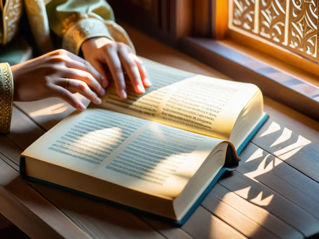 Un libro antiguo con patrones culturales en la portada se encuentra sobre una mesa de madera con luz cálida filtrándose por la ventana