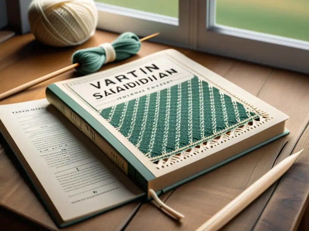 Un libro de patrones escandinavos vintage abierto en una mesa de madera, con agujas de tejer antiguas, en una atmósfera nostálgica y auténtica