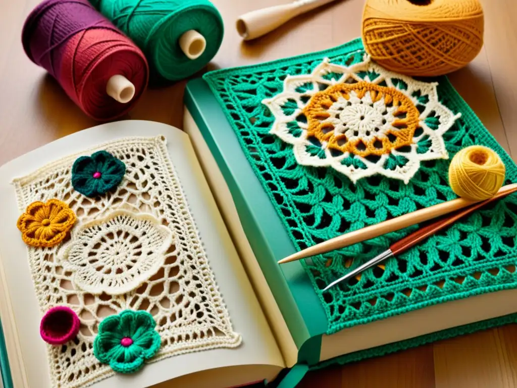 Libro de patrones de tejido modernos arte crochet con diseños vibrantes y ganchillos vintage en un ambiente nostálgico y artístico