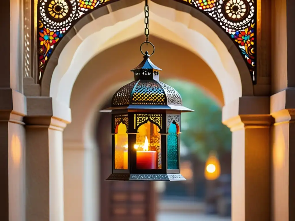 Linterna de Diwali vintage ilumina un arco tradicional Una linterna vintage de Diwali cuelga de un arco tradicional hindú, proyectando patrones de luz y sombra en las paredes