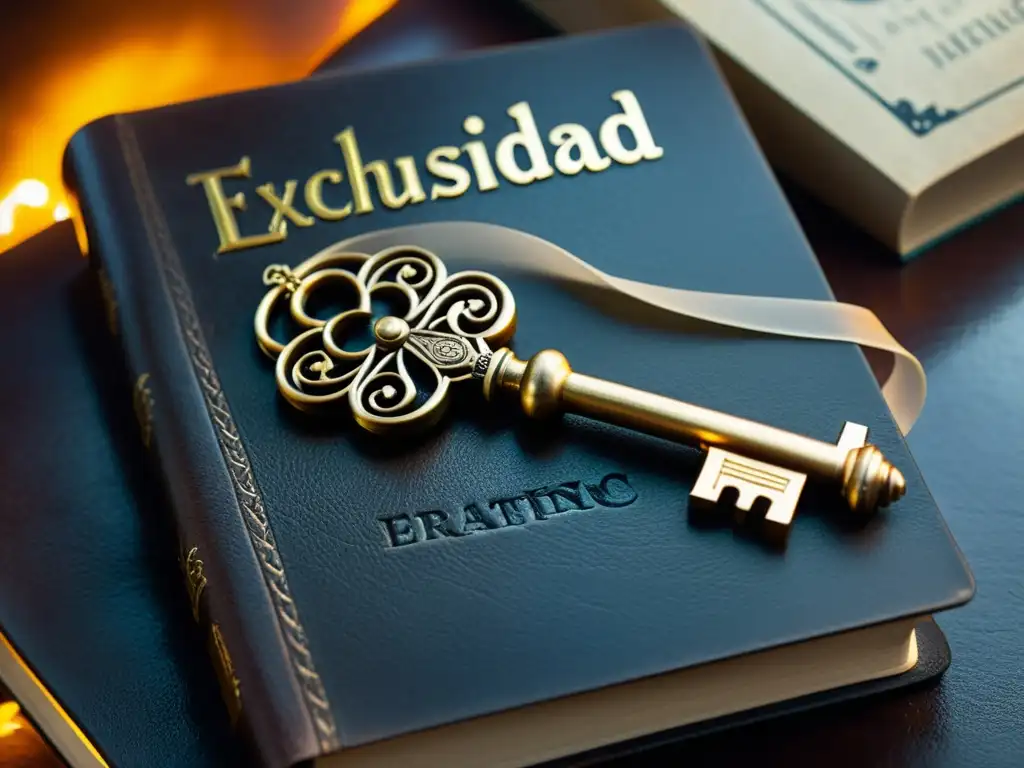 Una llave antigua con grabados florales sobre un libro de cuero desgastado con 'Exclusividad Estratégica' en dorado