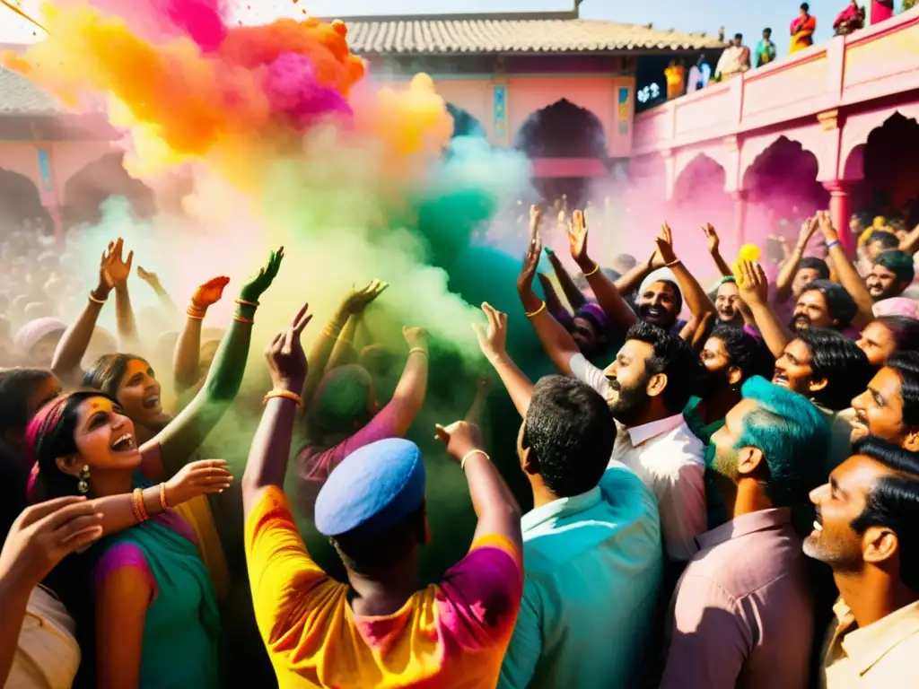 Una fotografía vintage llena de alegría en el Holi, con patrones de color en el aire y una celebración caótica llena de unidad y diversidad