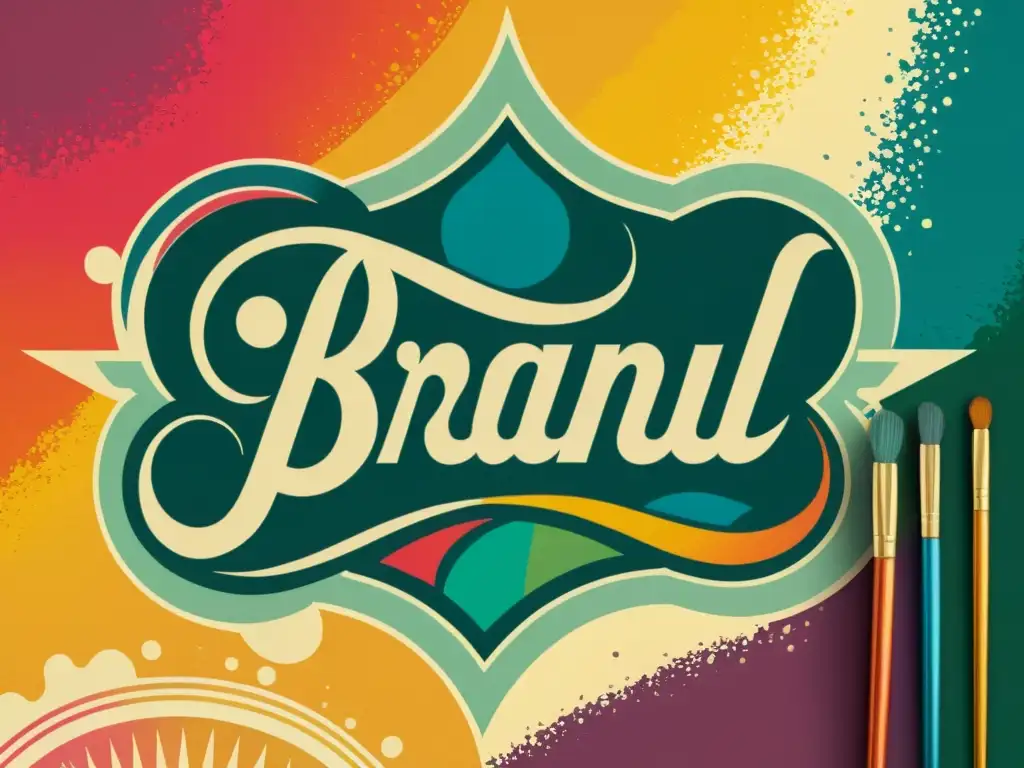 Un logotipo vintage tejido en una tapicería con patrones artísticos para diferenciar marca, rodeado de elementos creativos y colores vibrantes