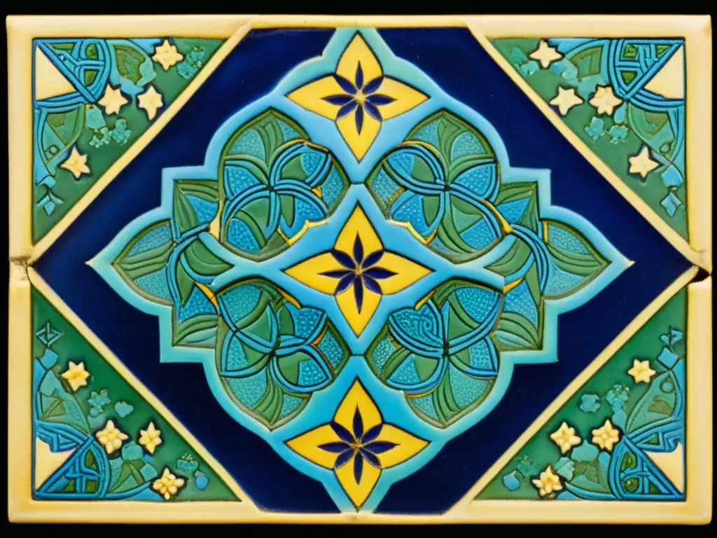 Una losa de cerámica islámica con deslumbrantes patrones de Geometría Sagrada en azul, verde y dorado, evocando armonía y tradición