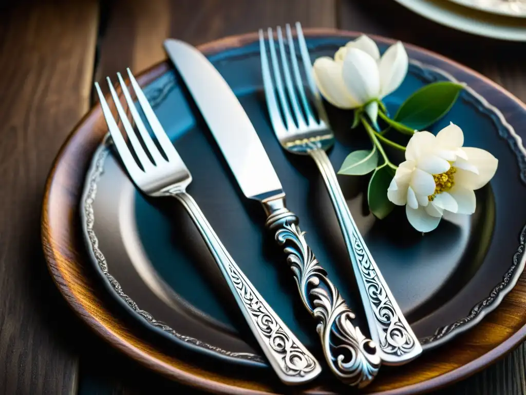 Una lujosa cubertería de plata con patrones artísticos se exhibe en una mesa de madera oscura, irradiando elegancia atemporal y lujo vintage