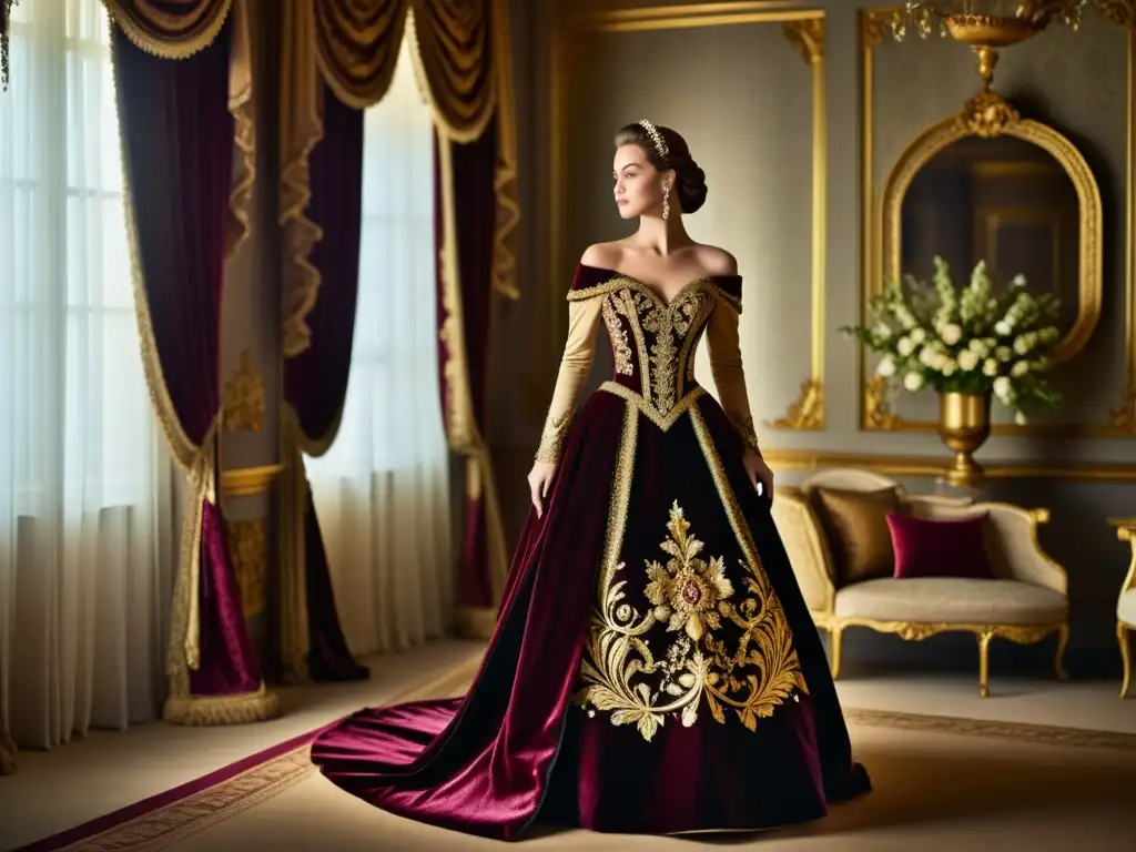 Una lujosa y detallada bata estilo Barroco exhibida en un maniquí, evocando la influencia de patrones históricos en la moda actual