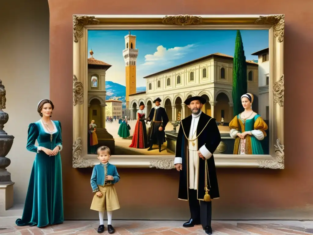 Una lujosa pintura renacentista de una familia toscana rodeada de arte, arquitectura y un patrón de las artes encargando una escultura