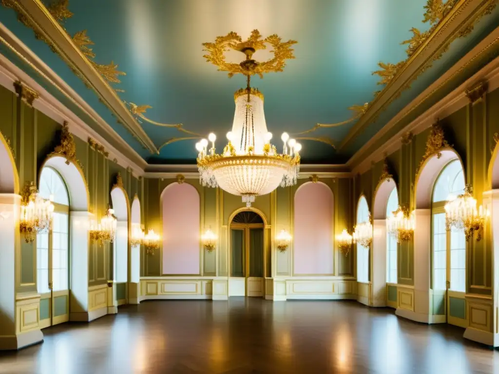 Una lujosa sala de baile rococó, con aristócratas elegantes en animada conversación y baile, bañada en cálida luz natural