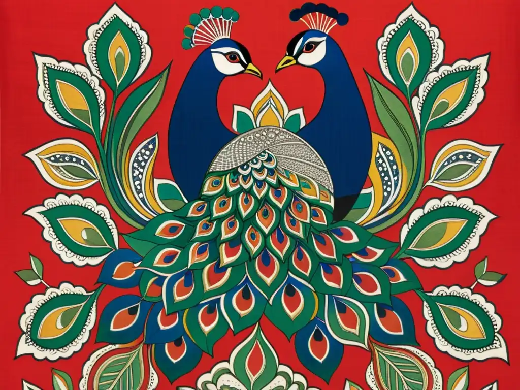 Madhubani en telas arte: Intrincada pintura de pavo real y flores de loto en seda roja vibrante, con detalles meticulosos y colores vibrantes