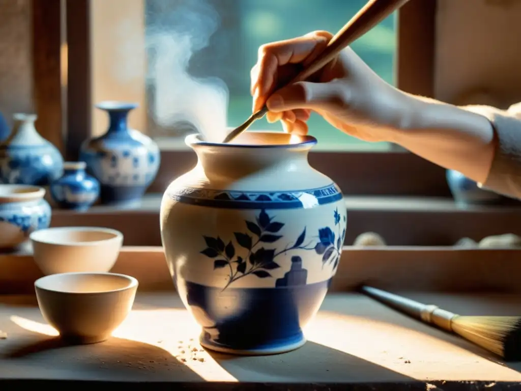 Un maestro artesano pinta delicadamente una antigua vasija de porcelana azul y blanca en un taller lleno de herramientas y moldes de cerámica