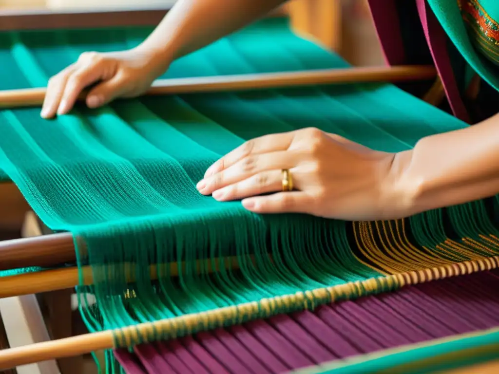 Maestro artesano en Cachemira tejiendo una Pashmina con colores vibrantes y patrones intrincados, reflejando la rica historia de arte en Cachemira