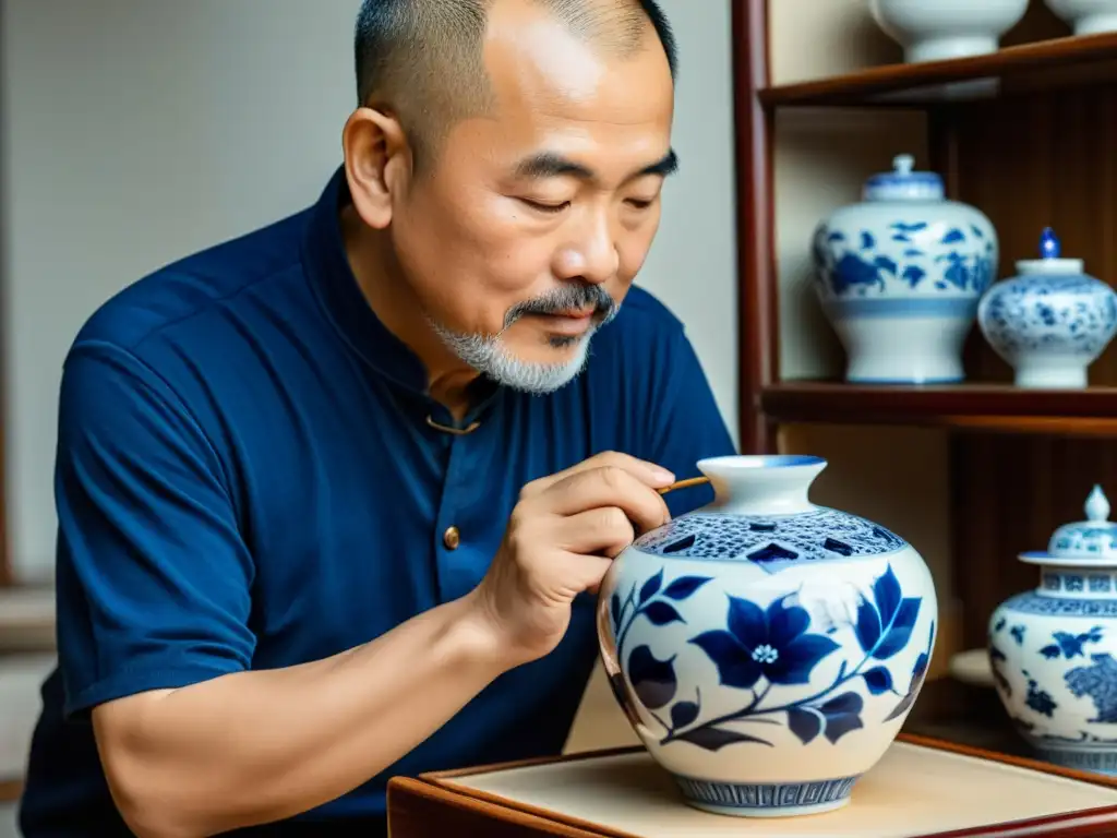 Un maestro artesano en Jingdezhen, China, pintando con precisión patrones en una fina vasija de porcelana