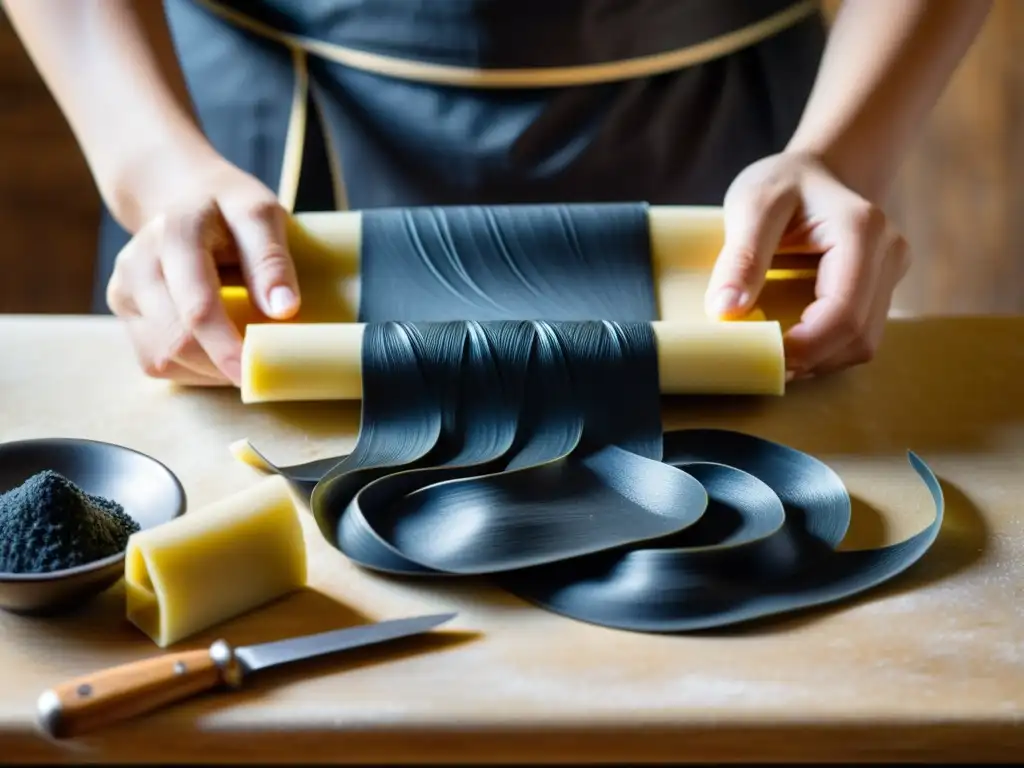 Un maestro artesano moldea con destreza patrones artísticos en pasta negra de tinta de calamar, evocando artesanía culinaria atemporal