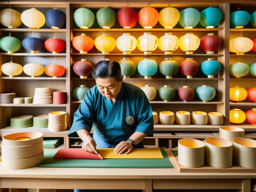 Un maestro artesano talla con esmero en un taller de impresión de patrones coreanos, rodeado de rollos de papel hanji y tintes naturales