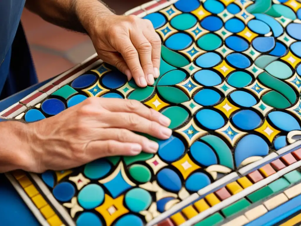 Un maestro artesano crea un mosaico árabe tradicional con precisión y dedicación, destacando la belleza y complejidad de la tradición