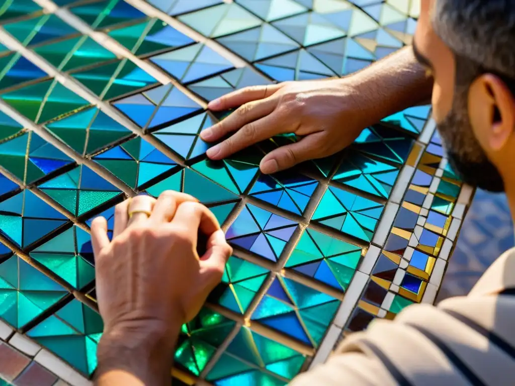 Un maestro artesano de mosaicos árabes tradicionales coloca con destreza los vibrantes azulejos, creando una obra de arte iridiscente y detallada