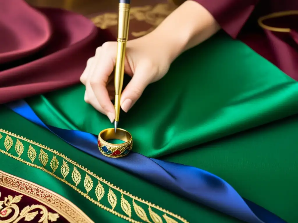 Arte en Seda: Maestría en Pintura Un maestro artesano pinta patrones ornamentales en seda, usando colores opulentos con precisión