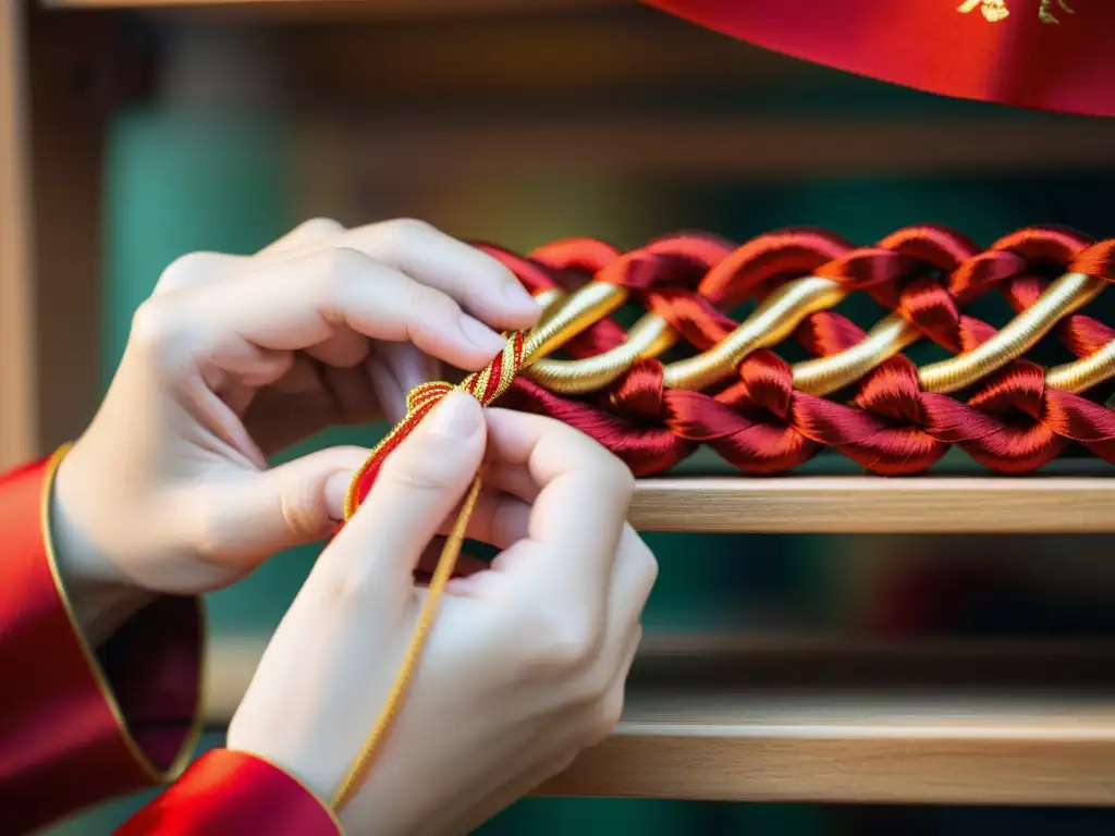 Un maestro artesano en Shanghái teje con maestría nudos tradicionales chinos en seda roja y dorada, evocando historia y destreza artesanal