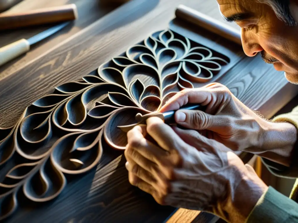 Un maestro artesano talla con maestría técnicas tradicionales de calado en madera de roble, evocando una atmósfera de artesanía atemporal