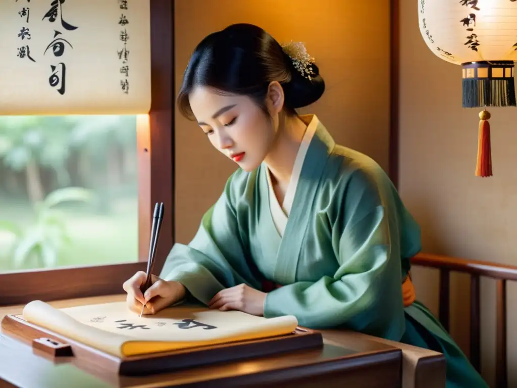 Un maestro de caligrafía coreana escribe con gracia en papel de arroz, rodeado de instrumentos tradicionales