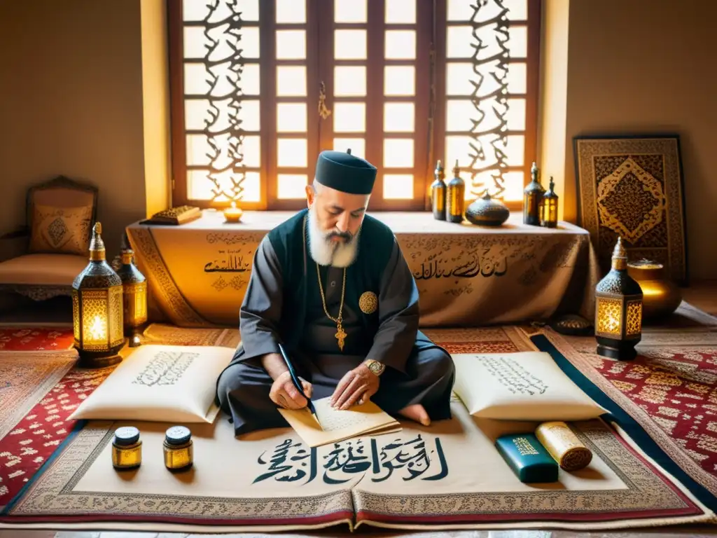 Un maestro calígrafo en Turquía elaborando caligrafía islámica rodeado de tinta, plumas y papel, en un ambiente sereno y atemporal