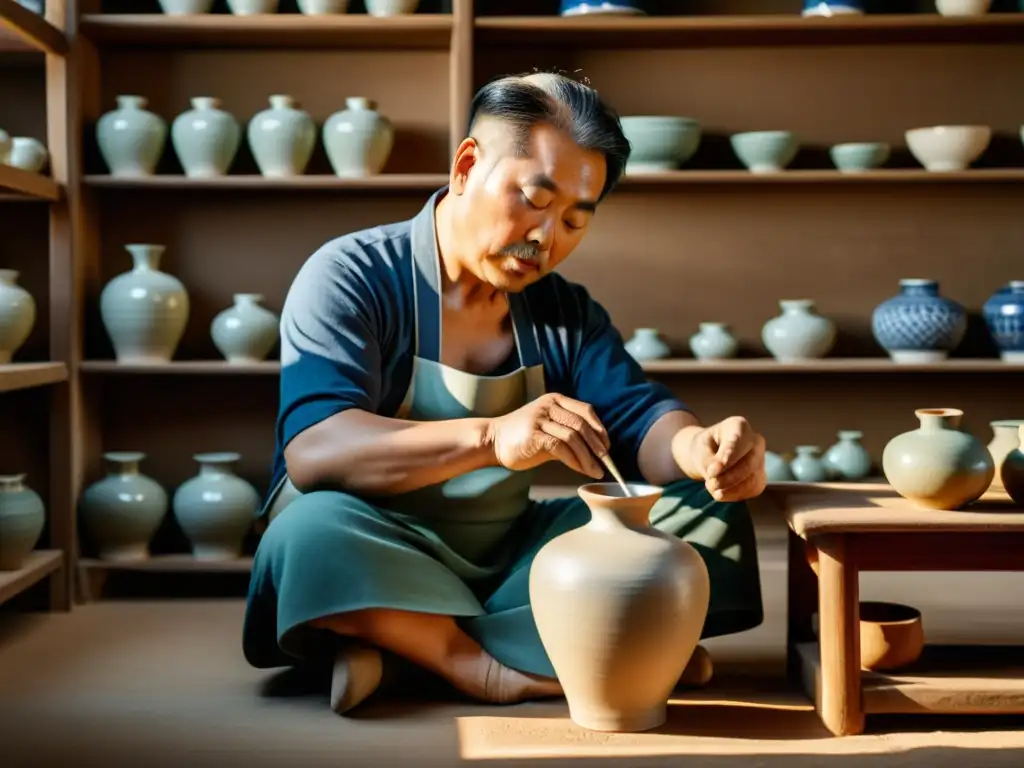 Un maestro ceramista coreano tradicional moldea con destreza una delicada vasija de porcelana en un estudio tenue, rodeado de cerámica vidriada