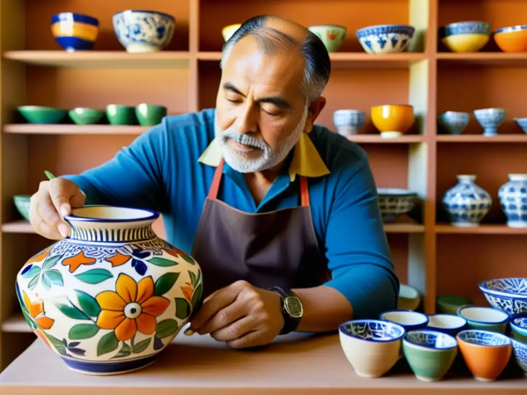Maestro ceramista pintando Talavera con maestría Un maestro ceramista pinta a mano una delicada pieza de cerámica de Talavera rodeado de coloridas obras, transmitiendo la esencia de la tradición