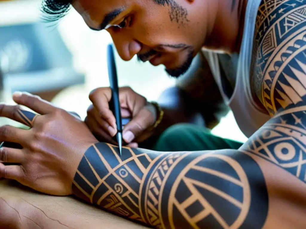 Un maestro tatuador polinesio trabaja con precisión, creando diseños de tatuajes polinesios tradicionales con herramientas ancestrales