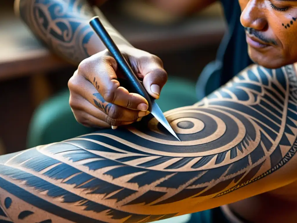 Un maestro de tatuajes polinesios tradicionales crea intrincados patrones en la piel de un cliente, reflejando la reverencia y la conexión con la tradición