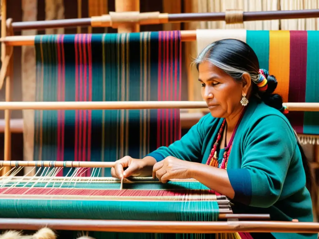 Un maestro tejedor peruano crea patrones textiles culturales peruanos en su telar tradicional, rodeado de colores vibrantes y expresión artística