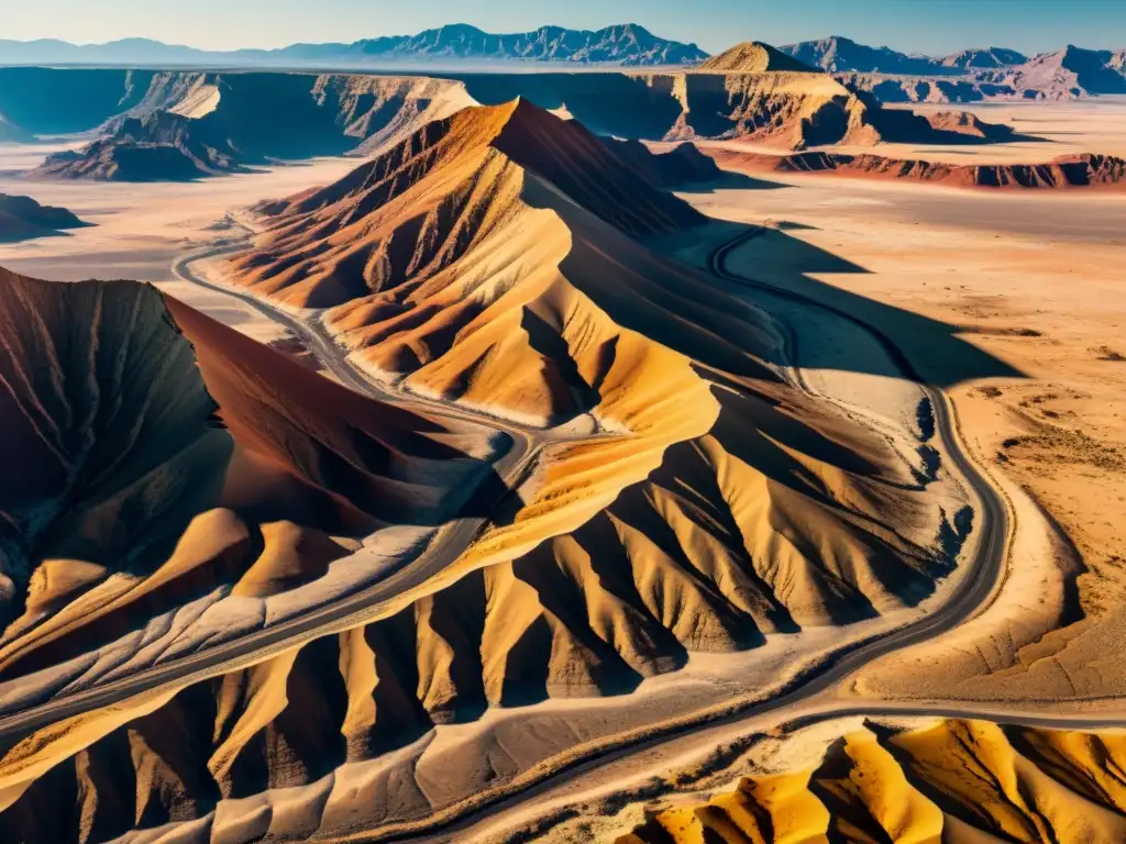 Una majestuosa belleza de fallas geológicas en un paisaje desértico, resaltada por la luz dorada del atardecer