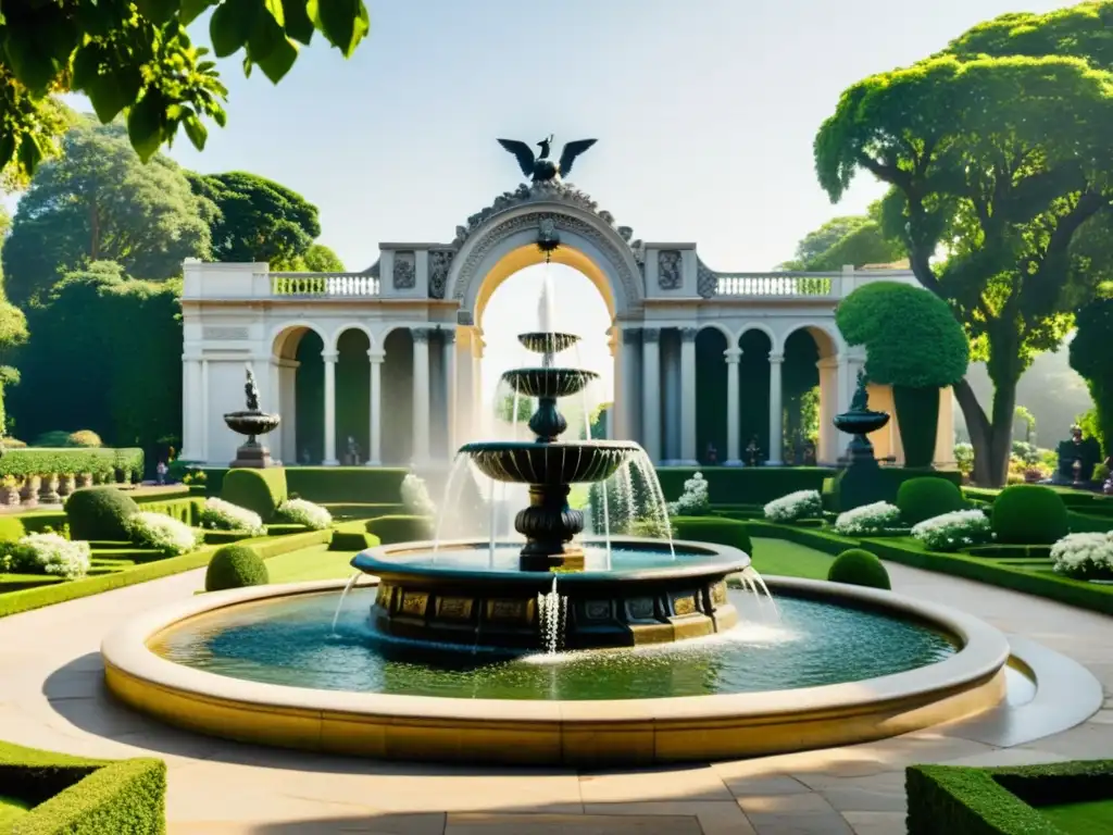 Una majestuosa fuente en una plaza rodeada de jardines, arquitectura clásica y personas admirando