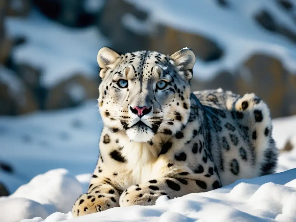 Una majestuosa imagen en 8k de un leopardo de las nieves, destacando los patrones en el pelaje de animales con elegancia salvaje