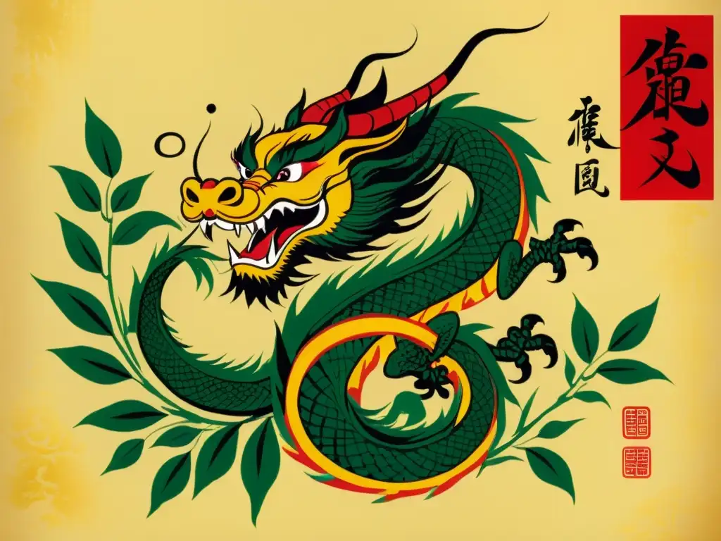 Una majestuosa pintura de caligrafía china con un dragón y bambú, simbolizando poder, suerte y prosperidad