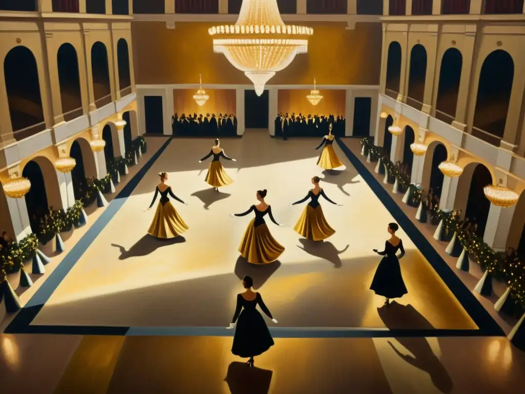 Una majestuosa pintura al óleo estilo vintage de un salón de baile lleno de elegantes bailarines, descubriendo patrones ocultos con arte