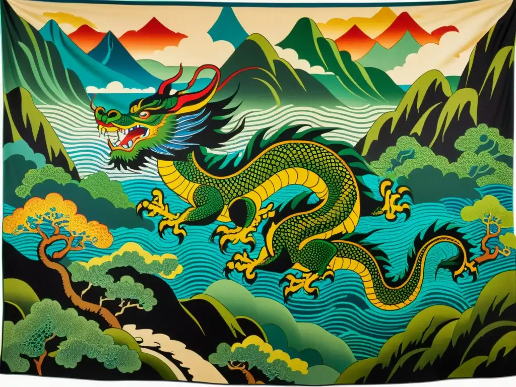 Una majestuosa tapicería china vintage con un dragón y paisaje montañoso, evocando el significado de patrones en la mitología china