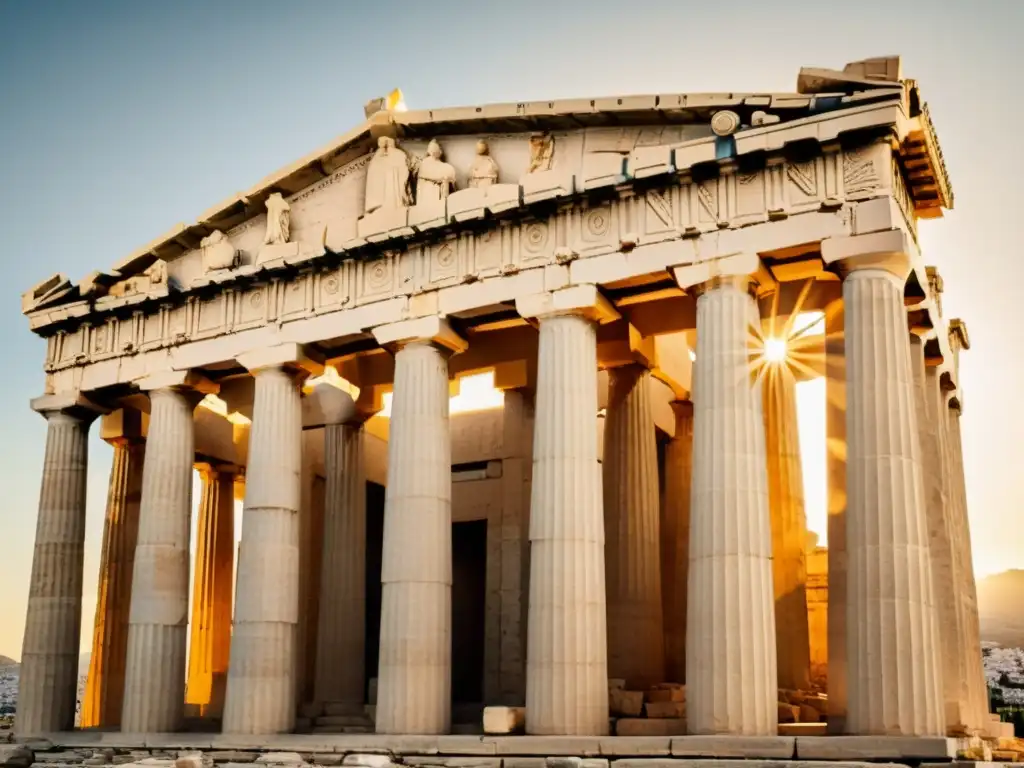 Explora la majestuosidad del Partenón en Atenas, Grecia, con sus detalladas columnas, frisos y frontones