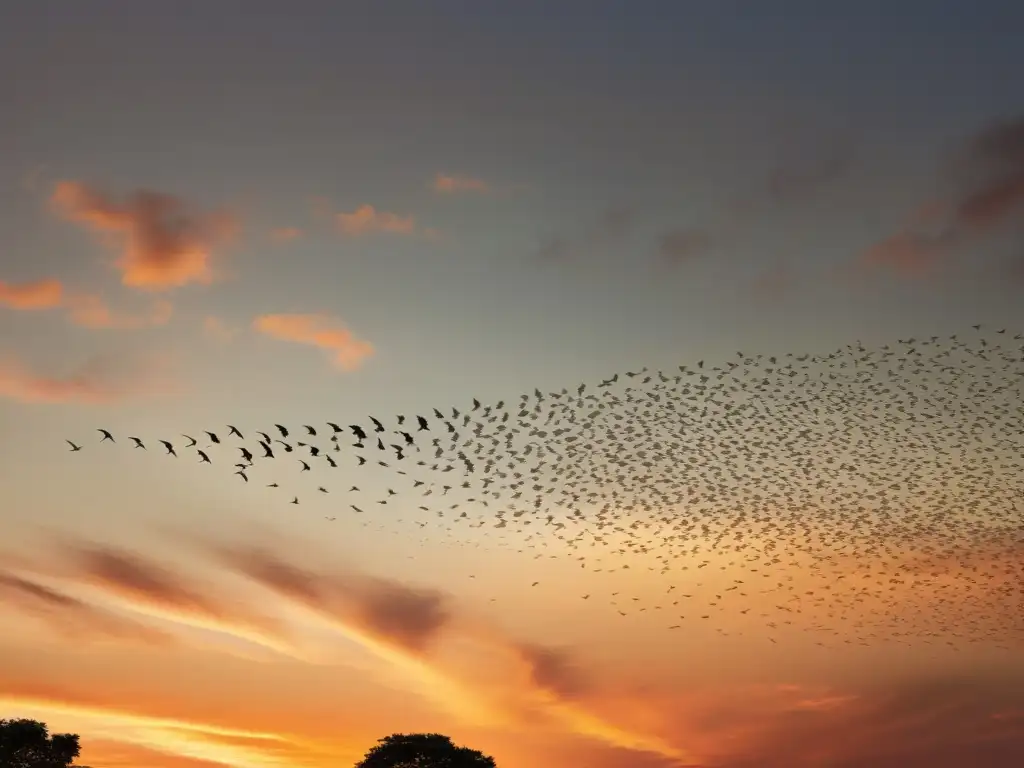 Un majestuoso espectáculo de patrones artísticos de aves migratorias en vuelo al atardecer, evocando elegancia, belleza y armonía