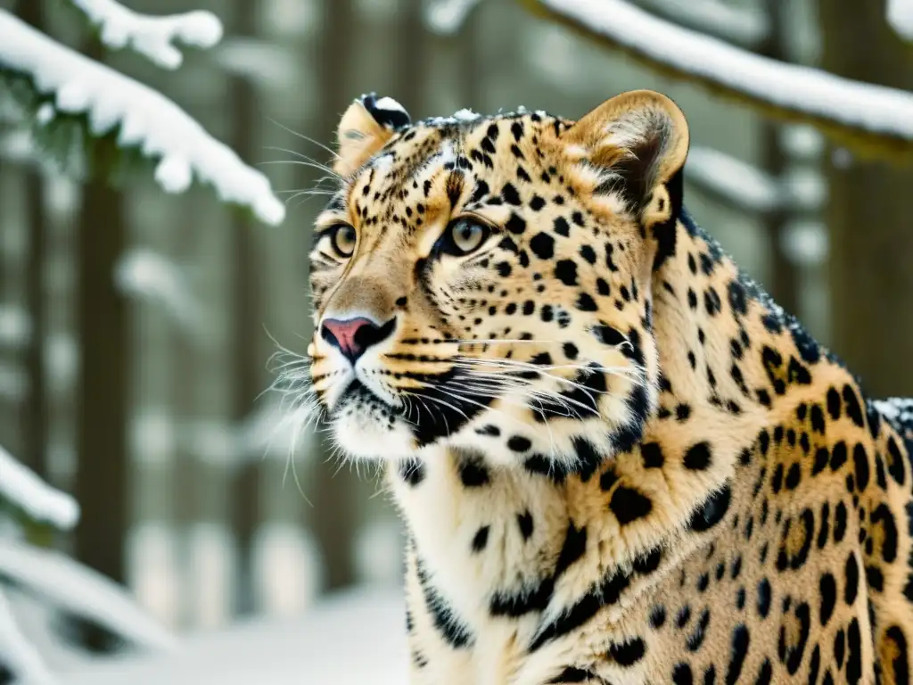 Un majestuoso leopardo de Amur entre la nieve, con su pelaje manchado y mirada intensa