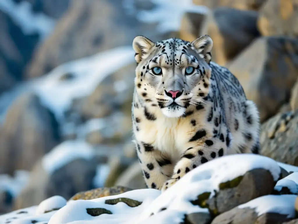 Leopardo de las nieves: misteriosa mirada en el paisaje rocoso Un majestuoso leopardo de las nieves se camufla entre las rocas y la nieve, con su mirada intensa