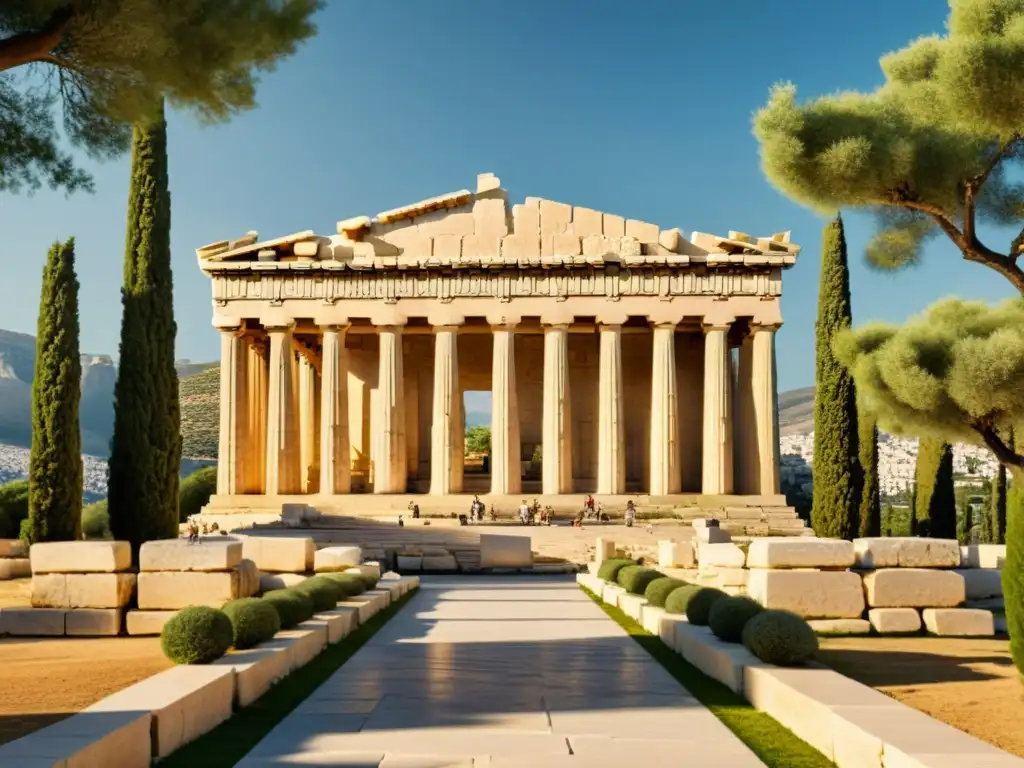 El majestuoso Partenón en Atenas, Grecia, con sus columnas icónicas y simetría arquitectónica