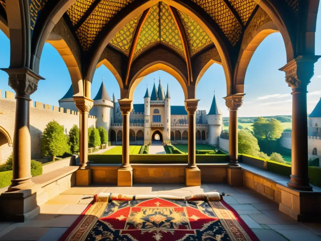 Un majestuoso patio de castillo medieval con un tapiz gótico que narra historias de caballeros y dragones en vibrantes colores