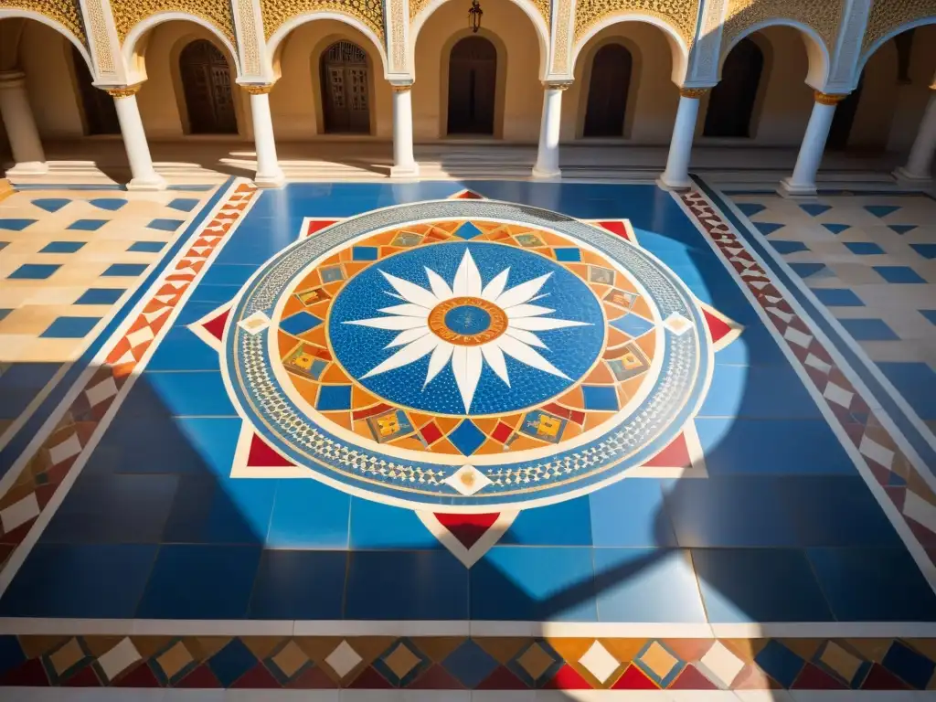 Un majestuoso patio renacentista con un hermoso diseño de mosaico en tonos azules, dorados y rojos