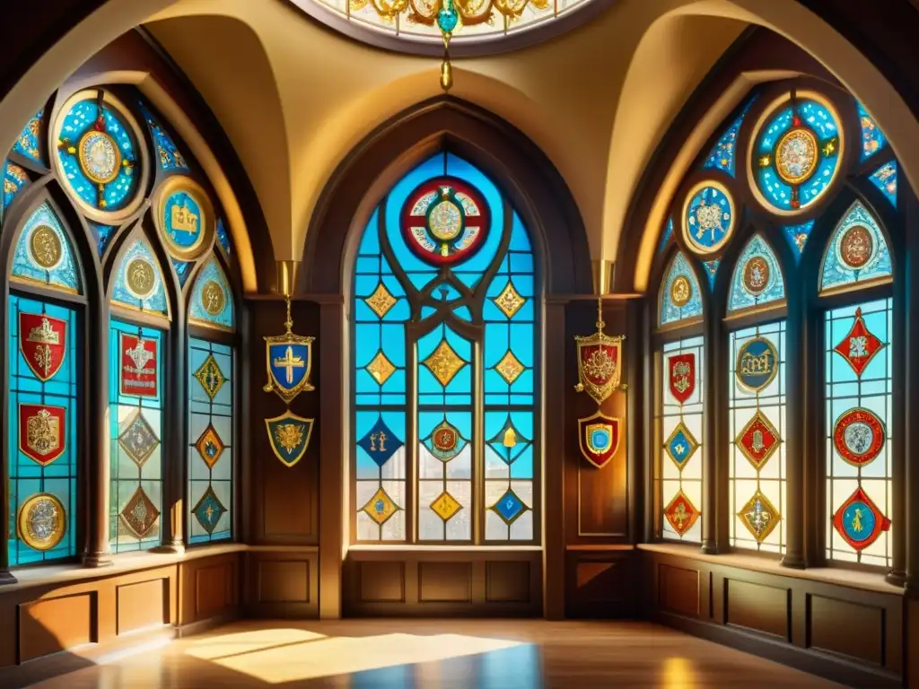 Un majestuoso salón con escudos heráldicos representando la identidad europea en una atmósfera de elegancia y tradición