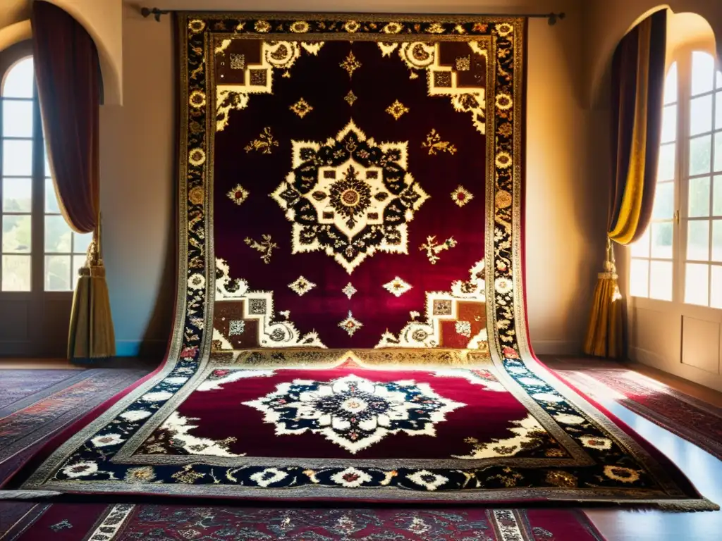 Un majestuoso tapete persa vintage con patrones florales intrincados y tonos rojos y dorados, en una lujosa habitación decorada con detalles dorados y cortinas de terciopelo